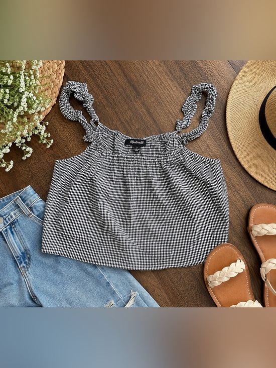 Madewell Tops - Madewell Black White Gingham Ruffle Strap Crop Tank Top Size 2